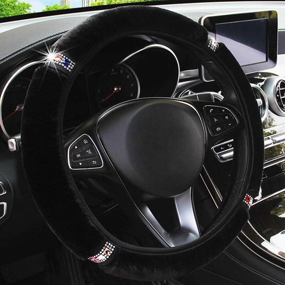 Steering Wheel Cover For Winter Warm, Fluffy Pure Australia Sheepskin Wool, With Bling Universal 15 Inch (Black) Black 7770197823241