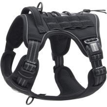 Tactical No-Pull Dog Harness - Large, Adjustable, Reflective, Molle, Front & Back Leash Points, Padded Comfort, Black, Size L