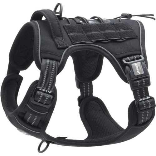 Tactical No-Pull Dog Harness - Large, Adjustable, Reflective, Molle, Front & Back Leash Points, Padded Comfort, Black, Size L