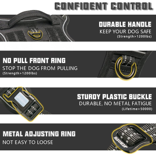 Tactical No-Pull Dog Harness - Large, Adjustable, Reflective, Molle, Front & Back Leash Points, Padded Comfort, Black, Size L 2