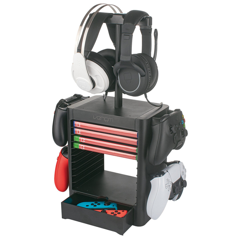 Venom Games Storage Tower With Integrated Controller And Headset Rack