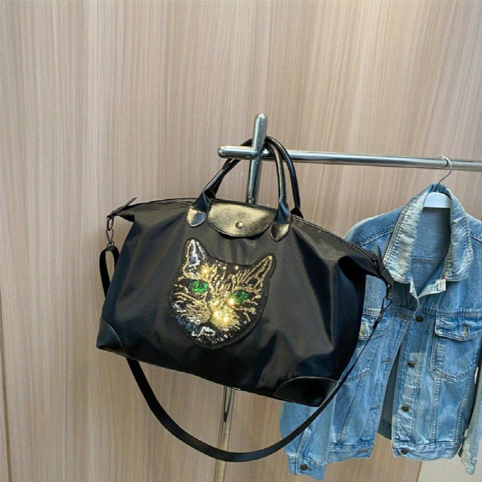 Cat Pattern Sequins Decor Travel Bag Lightweight Versatile Overnight Bag Luggage Bag-image-OPC-PCXMC6S-NEW