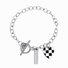 Checkerboard Heart Pendant Necklace Bracelet Jewelry Sets Sweet Peach Heart Checkered Bracelet Necklace Set 4CF4