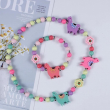 Child Cartoon Wood Beads Cartoon Necklace Bracelet Set Flower Sweater Chain Girls Children Jewelry