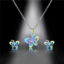 Colorful Butterfly Chain Necklace Jewelry Set Punk Stainless Steel Animal Earrings Studs for Women Kids