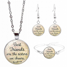 Are The Sisters We Choose Glass Pendant Necklace Bracelet Earring Jewelry Set Totally 4Pcs for Sisters Gift