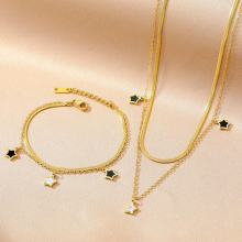 Stainless Steel Multilayer Chain Star Charm Necklace Bracelet For Women Jewelry Set Girls Party