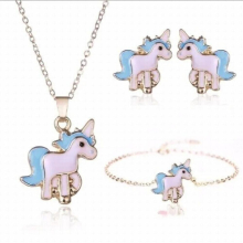4 In 1 Pony Earring and Necklace Set Cartoon Unicorn Necklace Earrings Jewelry Pink Girls Xmas Jewelry Gift