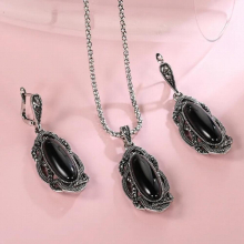 Boho Stone Necklace Earrings Set Tibetan Silver Mosaic Gray Crystal Big Oval Opal For Girls Vintage Jewelry