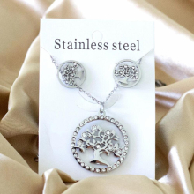Round Pendant Tree Pattern Necklace and Earrings Set with Cubic Zirconia for Girl Women Stainless Steel Jewelry Set Gift