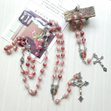 Red Acrylic Vintage Cross Rosary Necklace Bracelet Set Long Religous Jewelry Sets For Men Women