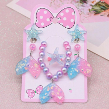 Girls Cartoon Bracelet Female Princess Beaded Fishtail Ear Clip Ring Girl Earring Set Jewelry Accessories Childrens