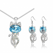 Girl Lovely Cat Jewelry Sets Kitten Shape Austrian Crystal Necklace Earrings 80144