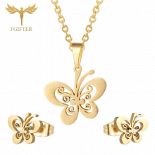 FGifter Golden Butterfly Stud Earrings Necklace Jewelry Sets for Girls Children Stainless Steel Jewelry Kids