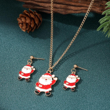 Christmas Earrings Necklaces Set For Women Kids Enamel Santa Claus Pendant Chain Choker Jewelry Set