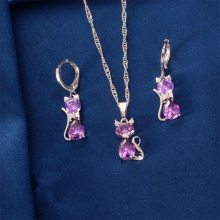 Women Earrings Necklace Set Cartoon Kitten Purple Cubic Zirconia Jewelry Set Engagement Wedding Party Girl Birthday Present