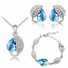 Crystal water Leaf leaves charm Pendant Jewelry set Necklace Earring bracelet girl birthday party wed