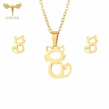 Women Girls Jewelry Animal Cat Pendant Necklace And Stud Earrings Sets Stainless Steel Accessories Children Gift