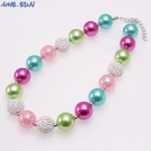 Kids Baby Chunky Bubblegum Beaded Necklace Elastic Bracelet Colorful Round Rhinestone Necklace Set Party Gift