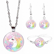 Unicorn Jewelry Sets Cartoon Horse Picture Glass Crystal Pendant Necklace Earring Bracelet Set Party Birthday Gift