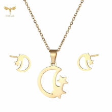 Girls Jewelry Set Golden Stainless Steel Moon Star Pendant Necklace Stud Earrings Childrens Kid Children Gift