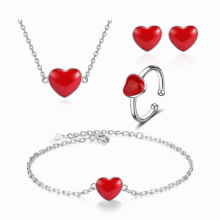 Silver Red Heart Necklace/Earrings/Ring/Bracelet For Women Girl Jewelry Sets