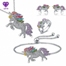 Cartoon Colorful Unicorn Necklace Earrings Bracelet Set Gift Jewelry