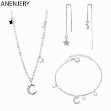 Silver Charm Summer Micro Zircon Moon Star Short Necklace Bracelet Earrings Jewelry Sets For Women Girl