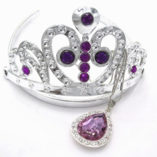 Children Girls PU Leather Chain The First Princess Purple Teardrop Amulet Necklace Stone Crown Tiara Hairband Sets Gift For Kids