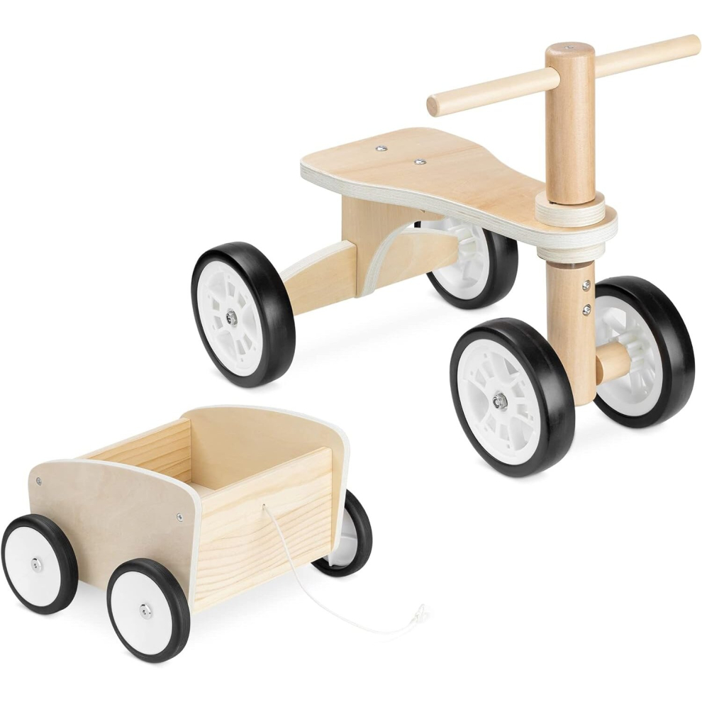 Wooden Toddler Bike with Trailer - Wood 4-Wheel Bicycle for Toddlers with Wagon - Ride-On Balance Bike Children's Toy for Boys and Girls 18M+ 