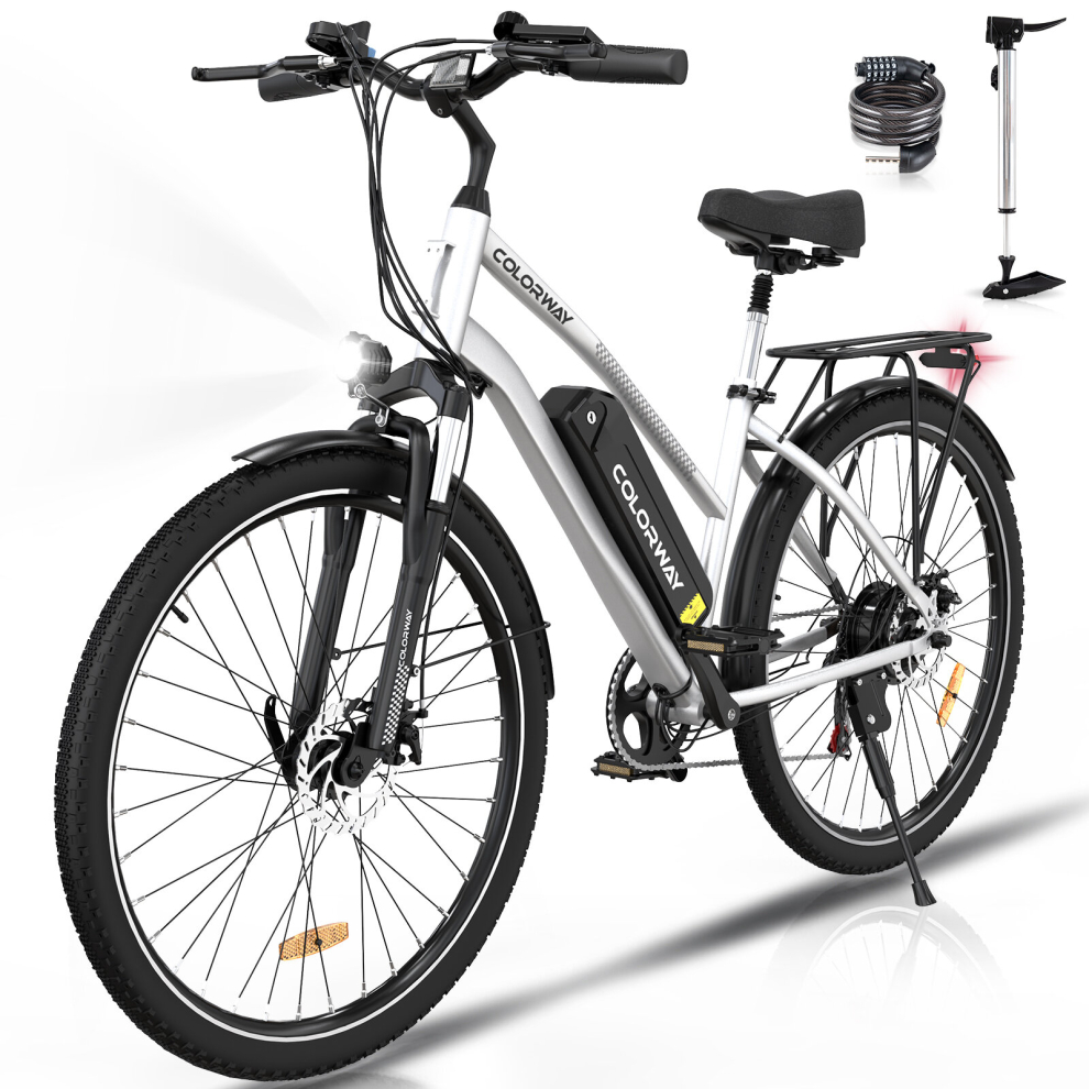 (Silver) COLORWAY Electric Bike for Adults, 28" Commute E bike with 36V 15Ah Removable Battery, LCD Display