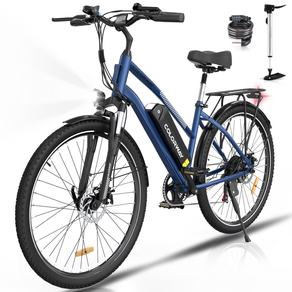 (Blue) COLORWAY Electric Bike for Adults, 28" Commute E bike with 36V 15Ah Removable Battery, LCD Display