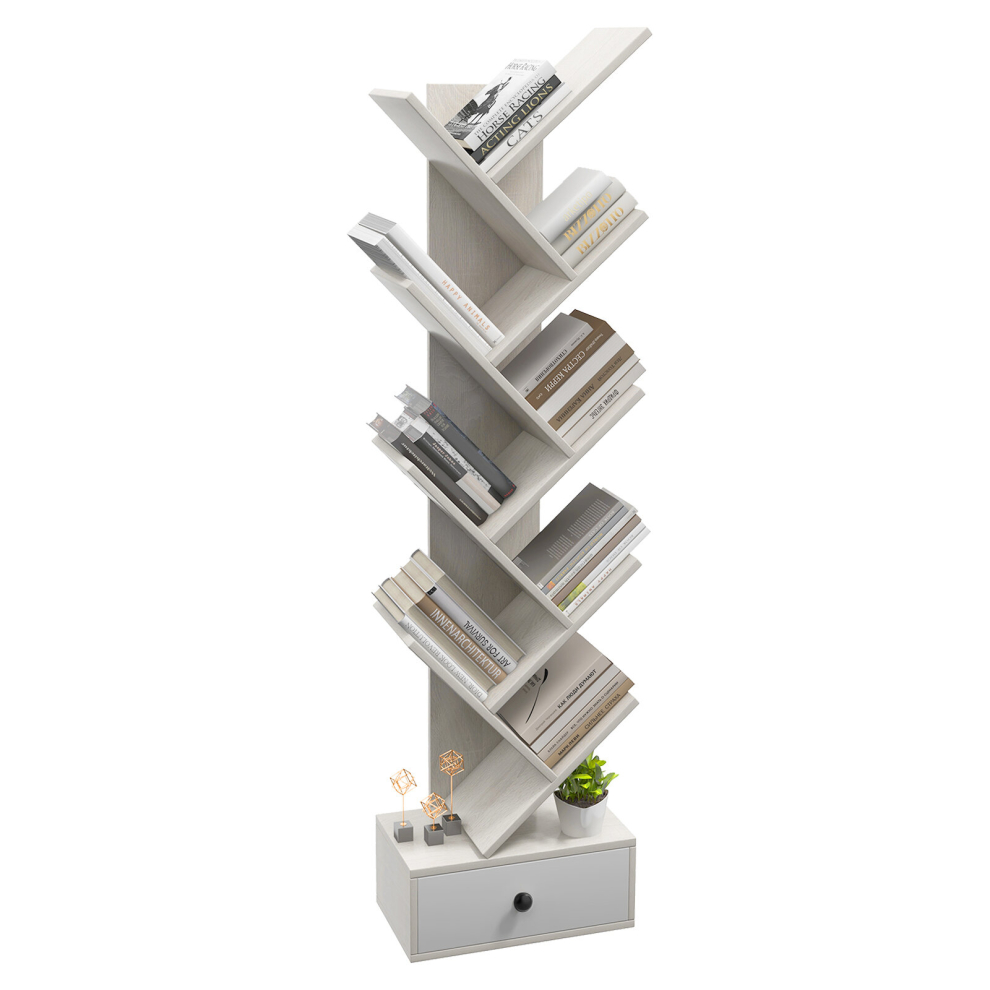 10 Tiers Tree Shaped Bookshelf Display Bookcase Storage Rack Shelves with Drawer