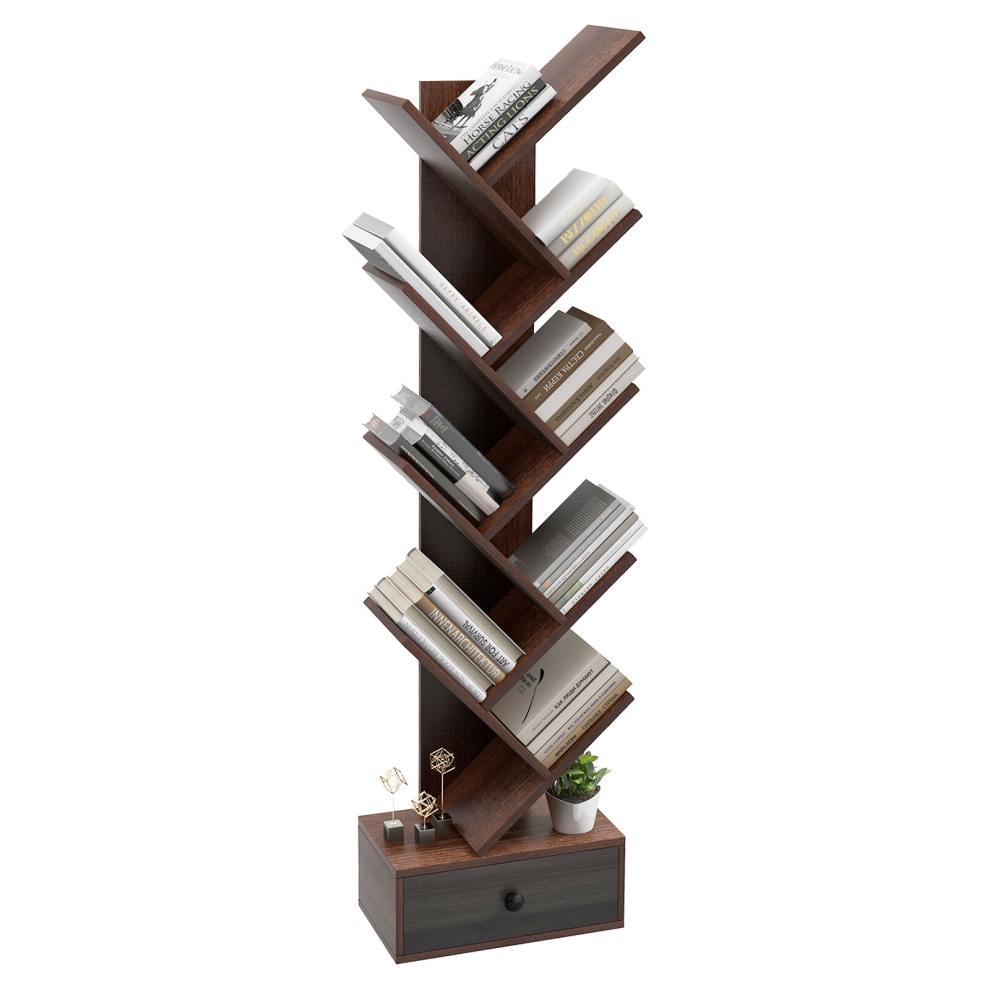 10 Tiers Tree Shaped Bookshelf Display Bookcase Storage Rack Shelves with Drawer