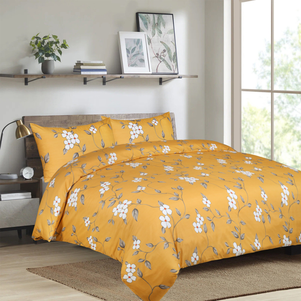 (Ochre Flower, Super King) Reversible Microfiber Quilt Duvet Cover Bedding Set Single Double King Super King Size with Pillowcases