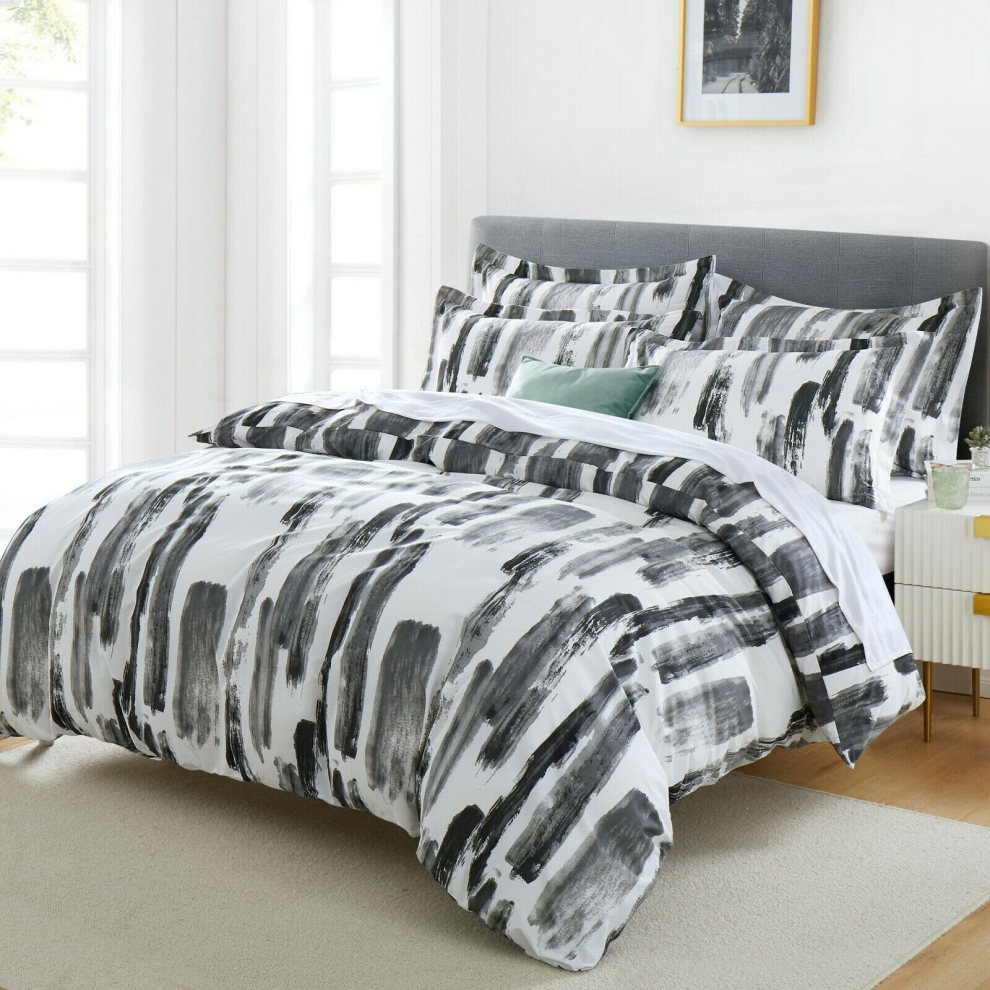 (Grey Stripe, Super King) Reversible Microfiber Quilt Duvet Cover Bedding Set Single Double King Super King Size with Pillowcases