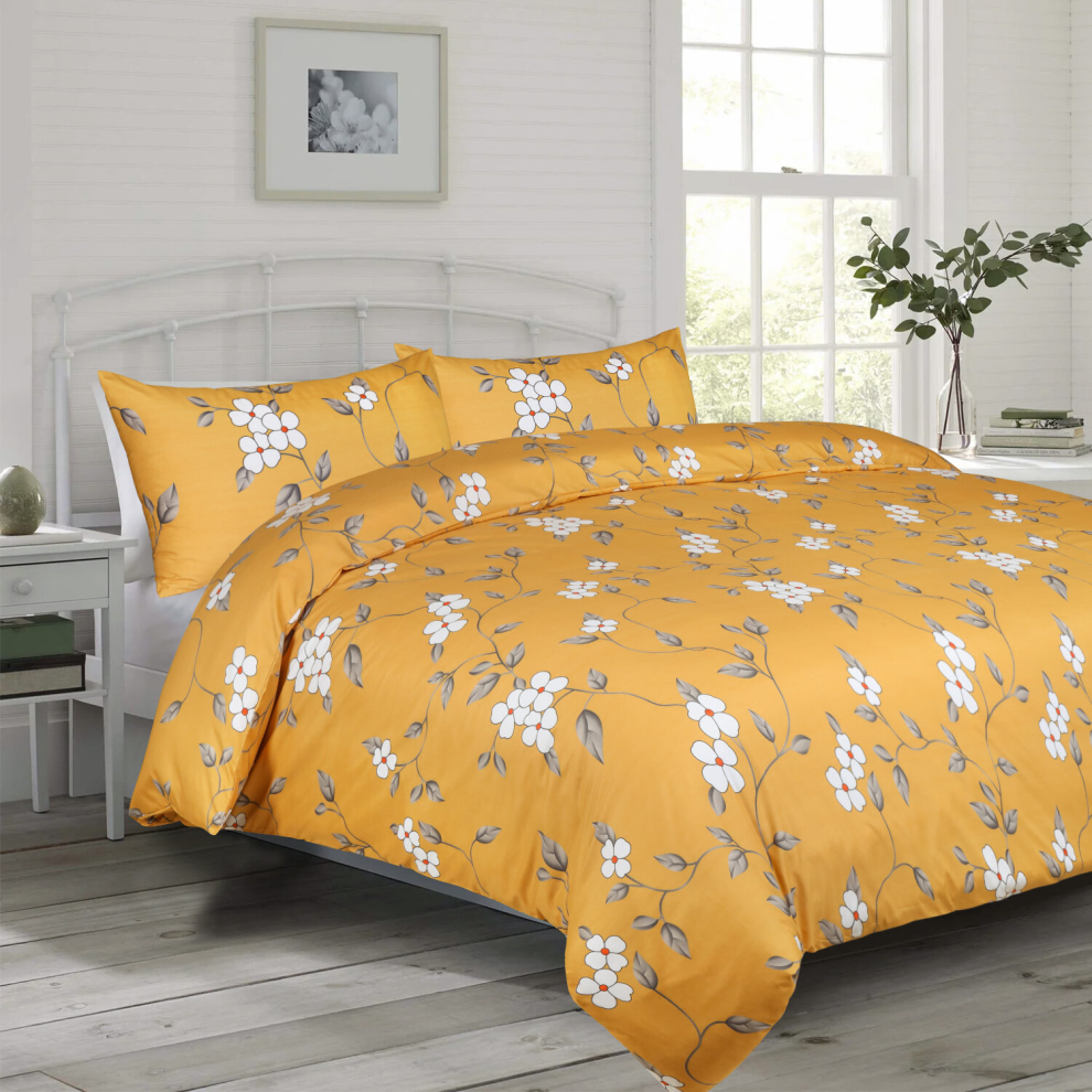 (Double: 200 x 200 cm., Ochre Flower) Duvet Quilt Cover Bedding Set Reversible Printed Duvet Cover with Pillowcases