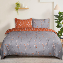 (Grey Rust Flower, Single) Reversible Microfiber Quilt Duvet Cover Bedding Set Single Double King Super King Size with Pillowcases
