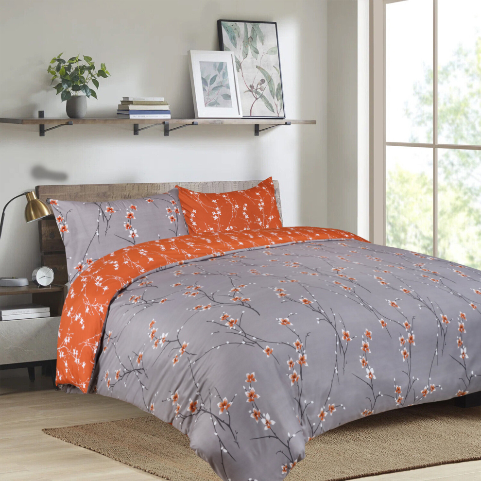 (Grey Rust Flower, King) Reversible Microfiber Quilt Duvet Cover Bedding Set Single Double King Super King Size with Pillowcases