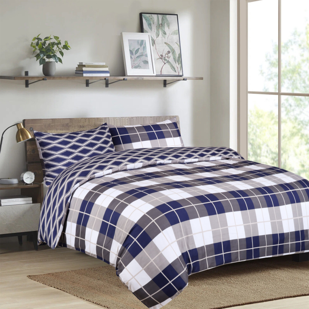 (Navy Check, King) Reversible Microfiber Quilt Duvet Cover Bedding Set Single Double King Super King Size with Pillowcases