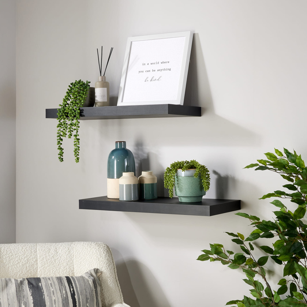 Home Source Pair of 60cm Floating Wall Mounted Shelves - Matt Black
