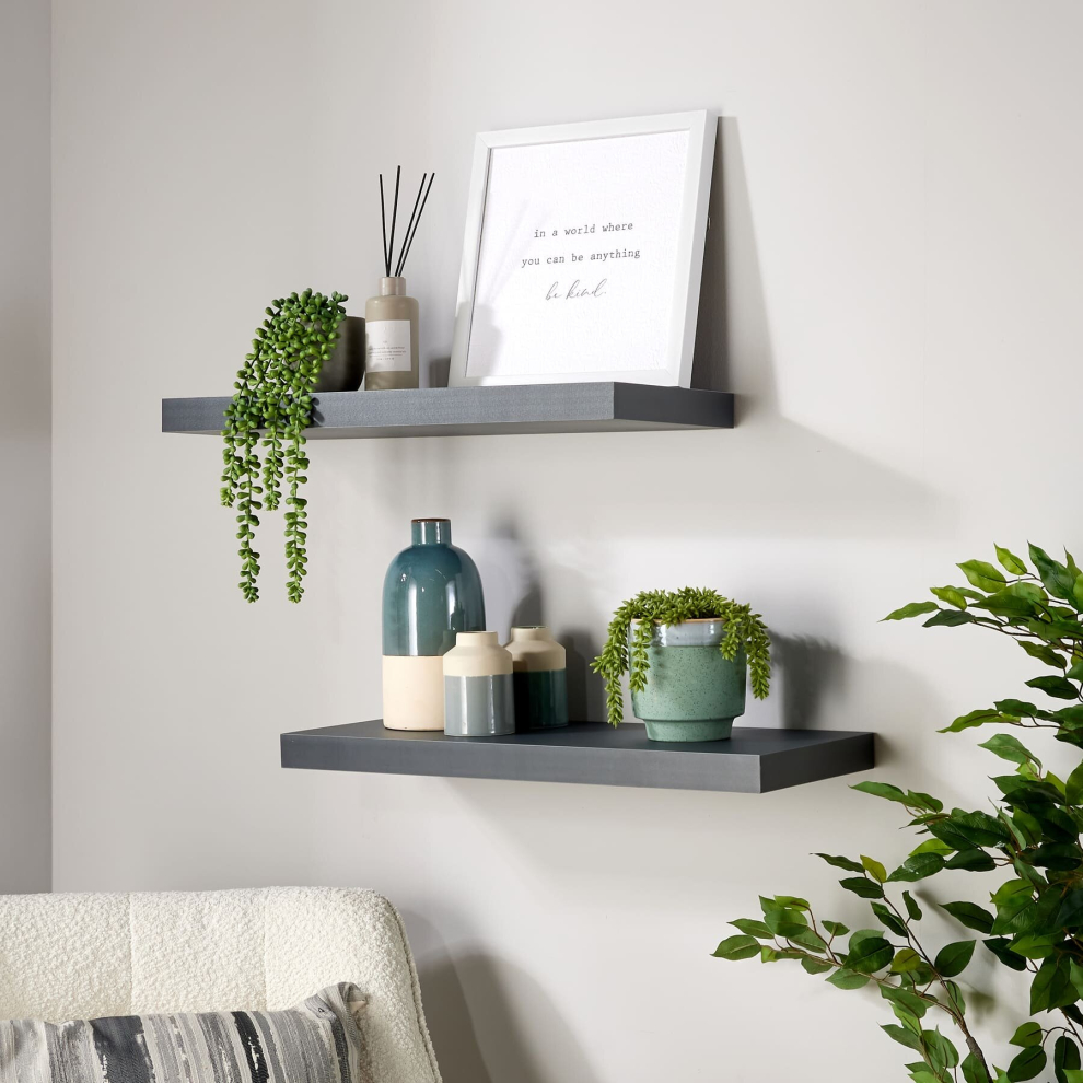 (Matte Grey) Home Source Pair of 60cm Floating Wall Mounted Storage Shelves