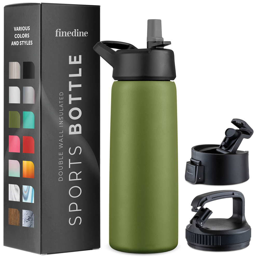 FineDine Insulated Water Bottles with Straw - 25 Oz Stainless Steel Metal Water Bottle W 3 Lids - Reusable for Travel, camping, Bike, Sports - Army gr