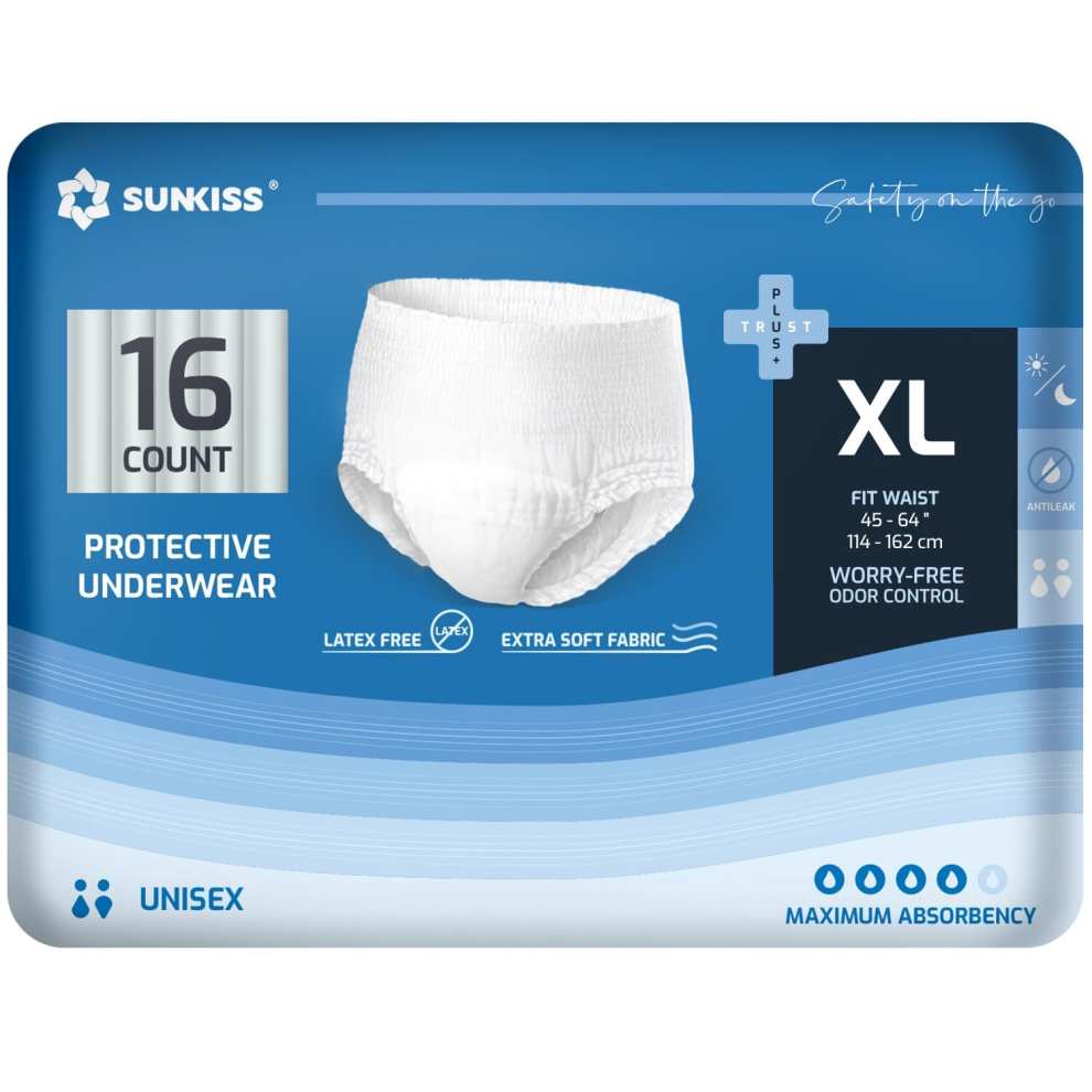 SUNKISS TrustPlus Incontinence and Postpartum Underwear for Men and Women, Disposable Protective Underwear with Overnight comfort Absorbency, XLarge,