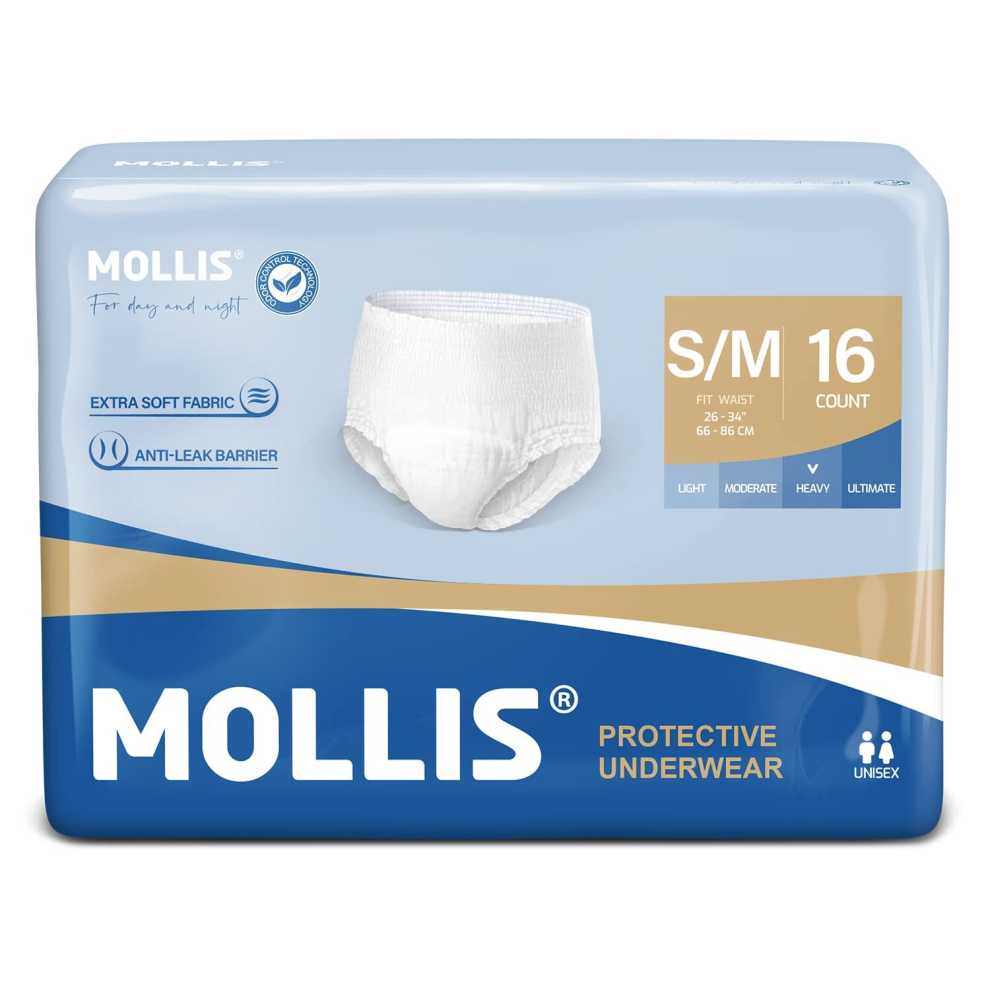 Mollis Adult Incontinence & Postpartum Underwear For Men And Women, Disposable Protective Underwear With Overnight Leak Protection, Odor Control, Smal