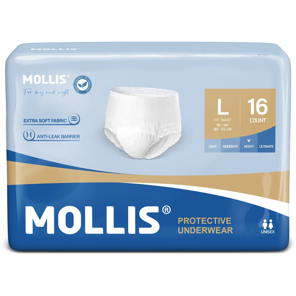 Mollis Adult Incontinence & Postpartum Underwear For Men And Women, Disposable Protective Underwear With Overnight Leak Protection, Odor Control, Larg