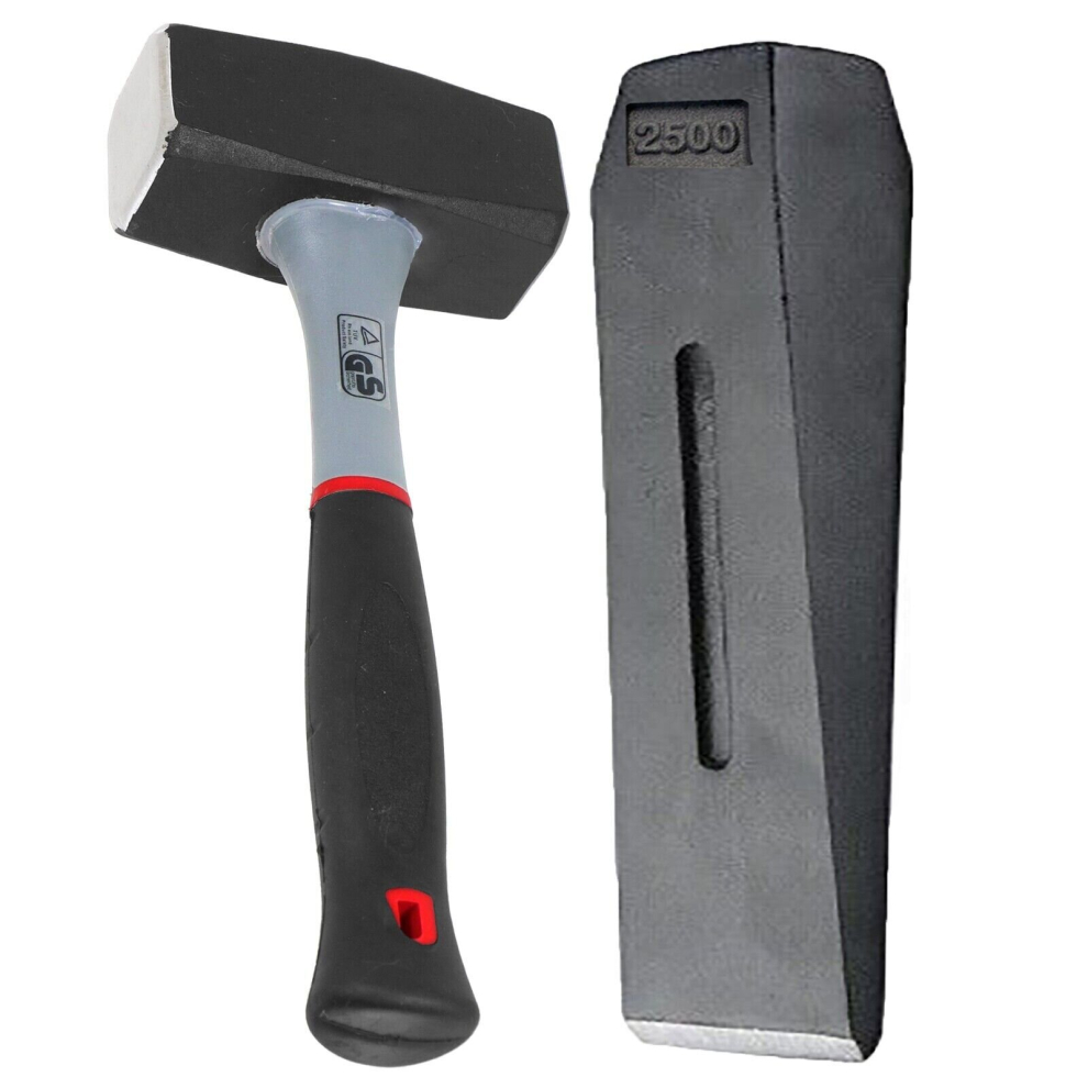 Spares2go Log Splitter Lump Hammer 2Kg Club Mallet + 6Lb 10" Chisel Wedge Wood Splitting Maul Kit
