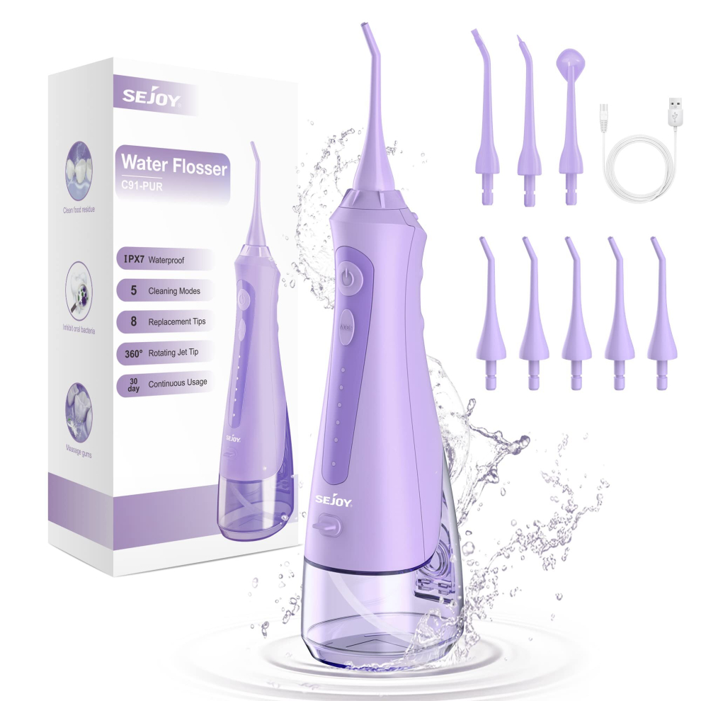 Sejoy Water Flossers For Teeth Cleaning, Water Flosser For Teeth Rechargeable Cordless, Electric Portable, 5 Cleaning Modes 8 Jet Tips, Ipx7 Waterproo