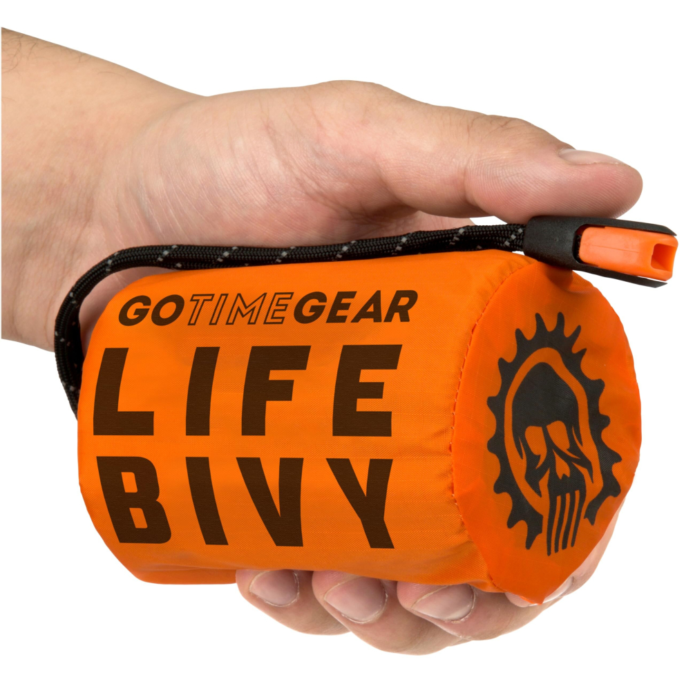 go Time gear Life Emergency Bivy Sack - Thermal Survival Tent and Sleeping Bag Bivvy for Blanket, Shelter & camping Use - Pack of 1 with Whistle - Ora