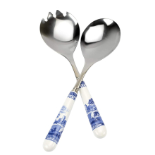 Spode Blue Italian collection Salad Servers, 2 Piece Spoon and Fork Set, 10-Inch, Blue and White, Made of Porcelain and Stainless Steel, Italian count